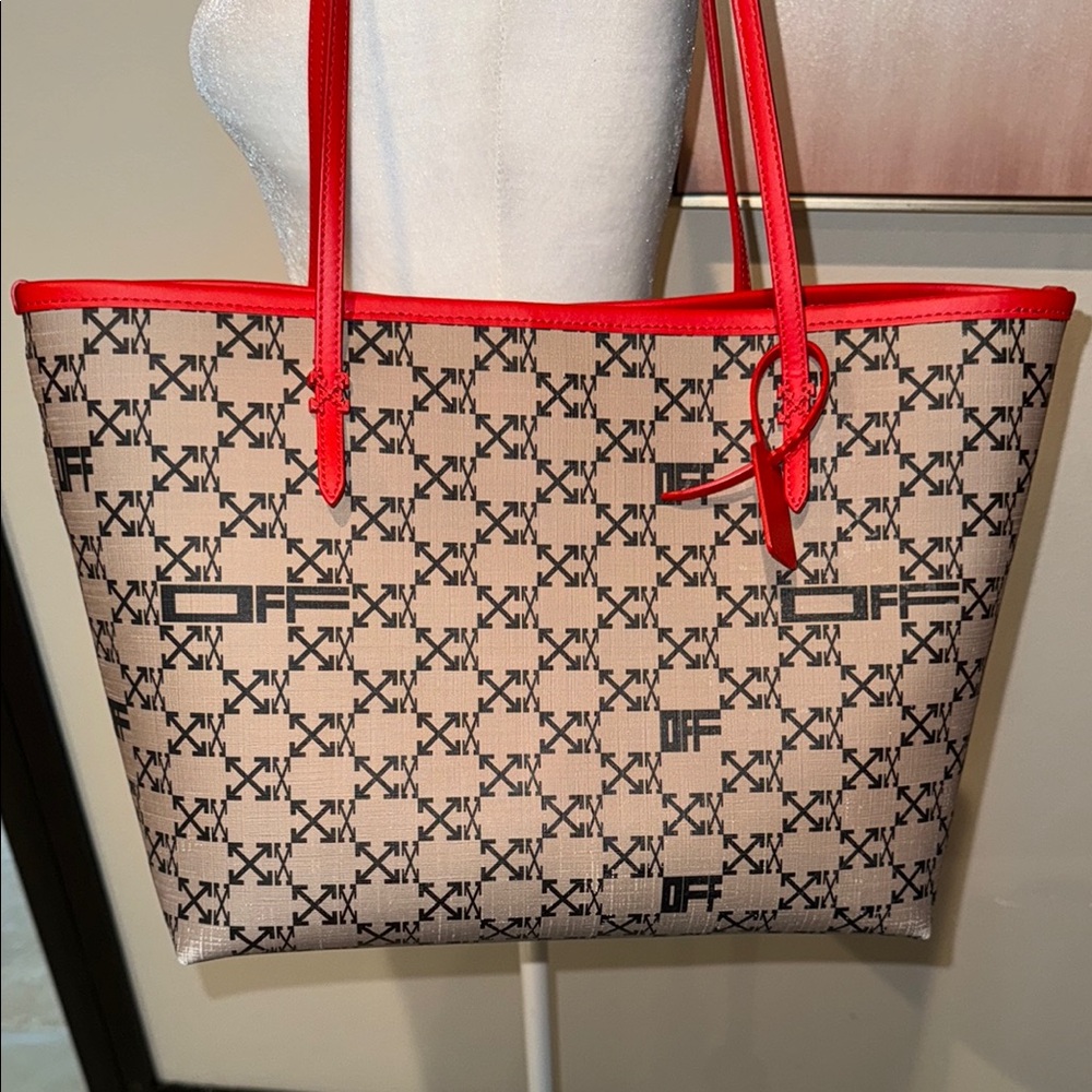 Designer Tote OFF WHITE Bag with Red Accents - Picture 3 of 11